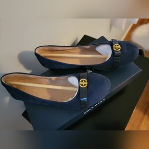 Cole Haan Navy Suede Flats with Black Strap and Gold Emblem